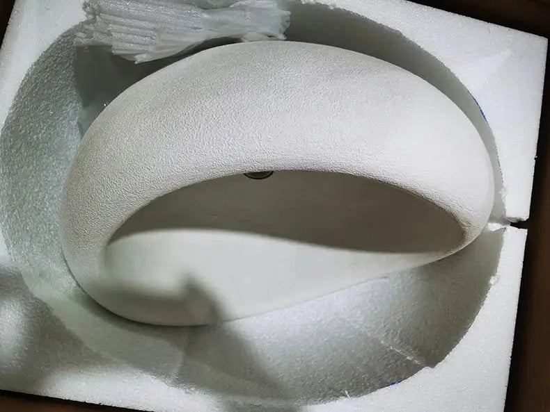 White plush-textured headband in protective foam packaging for modern nordic chandelier with warm light turn feature