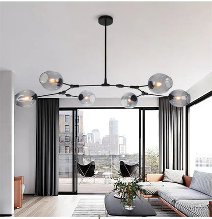 DecorBites™ modern nordic glass chandeliers in black metal with frosted globe bulbs ideal for LED ceiling lighting