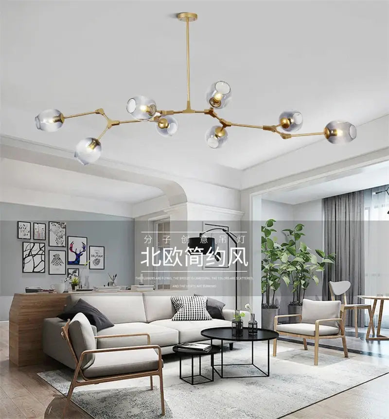 DecorBites™ modern nordic glass chandeliers with gold-toned frame and clear glass globe shades LED ceiling lamps
