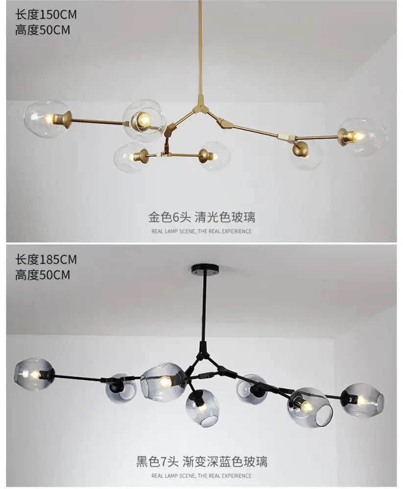 DecorBites modern nordic glass chandeliers with gold six-arm or black seven-arm LED ceiling lamps with glass globes