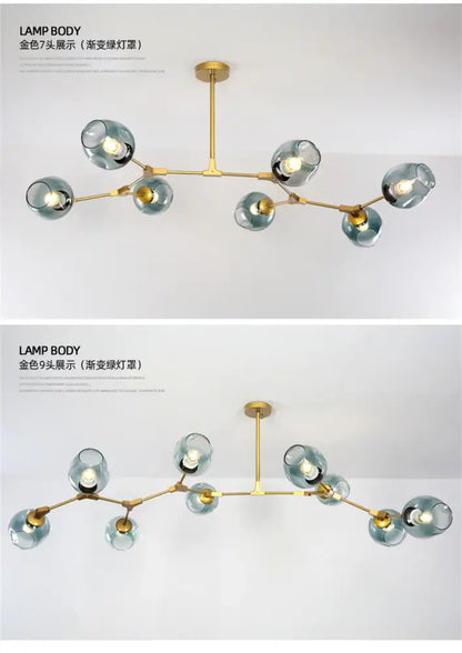 Gold-toned decorbites™ modern nordic glass chandeliers with seven and nine teal glass globe shades in a branching design
