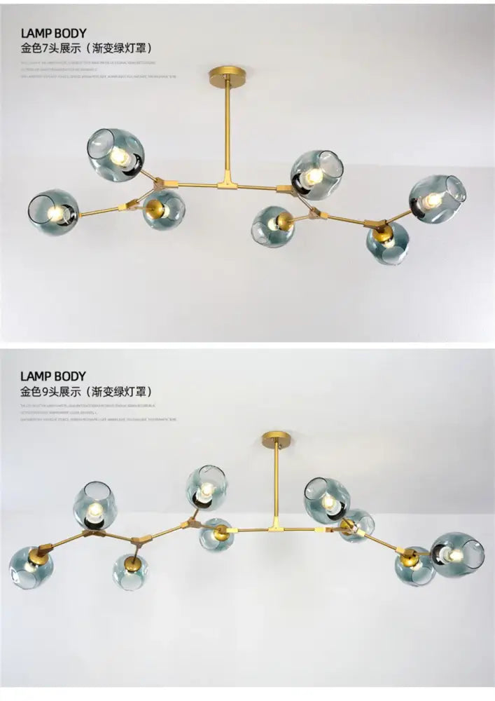 Gold-toned decorbites™ modern nordic glass chandeliers with seven and nine teal glass globe shades in a branching design