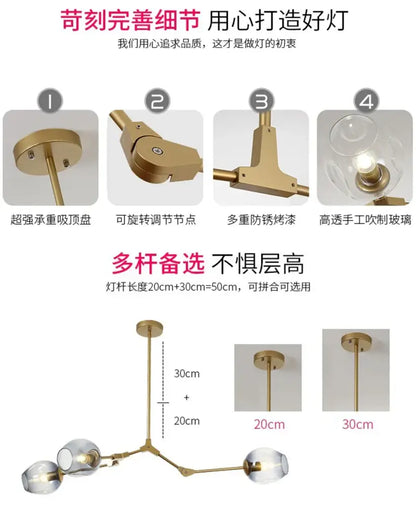 DecorBites modern nordic glass chandeliers with gold-toned adjustable brass arms and three clear hand-blown glass globe shades