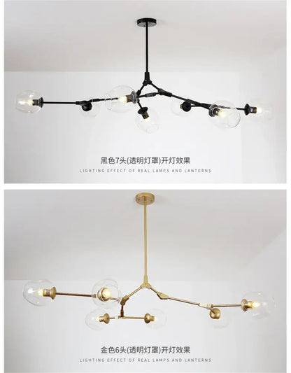 DecorBites™ modern nordic glass chandeliers with black and gold metal frame and clear glass globe bulbs pendant lamps