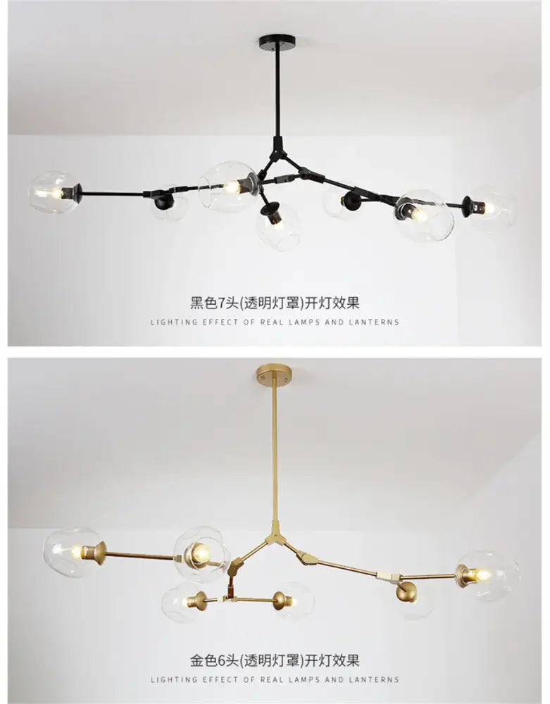 DecorBites™ modern nordic glass chandeliers with black and gold metal frame and clear glass globe bulbs pendant lamps
