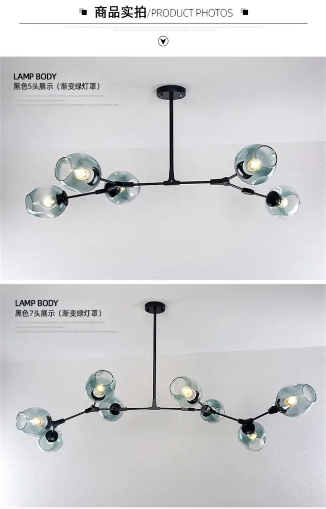 Black metal modern nordic glass chandelier with five translucent green glass globe shades ideal as pendant lamps