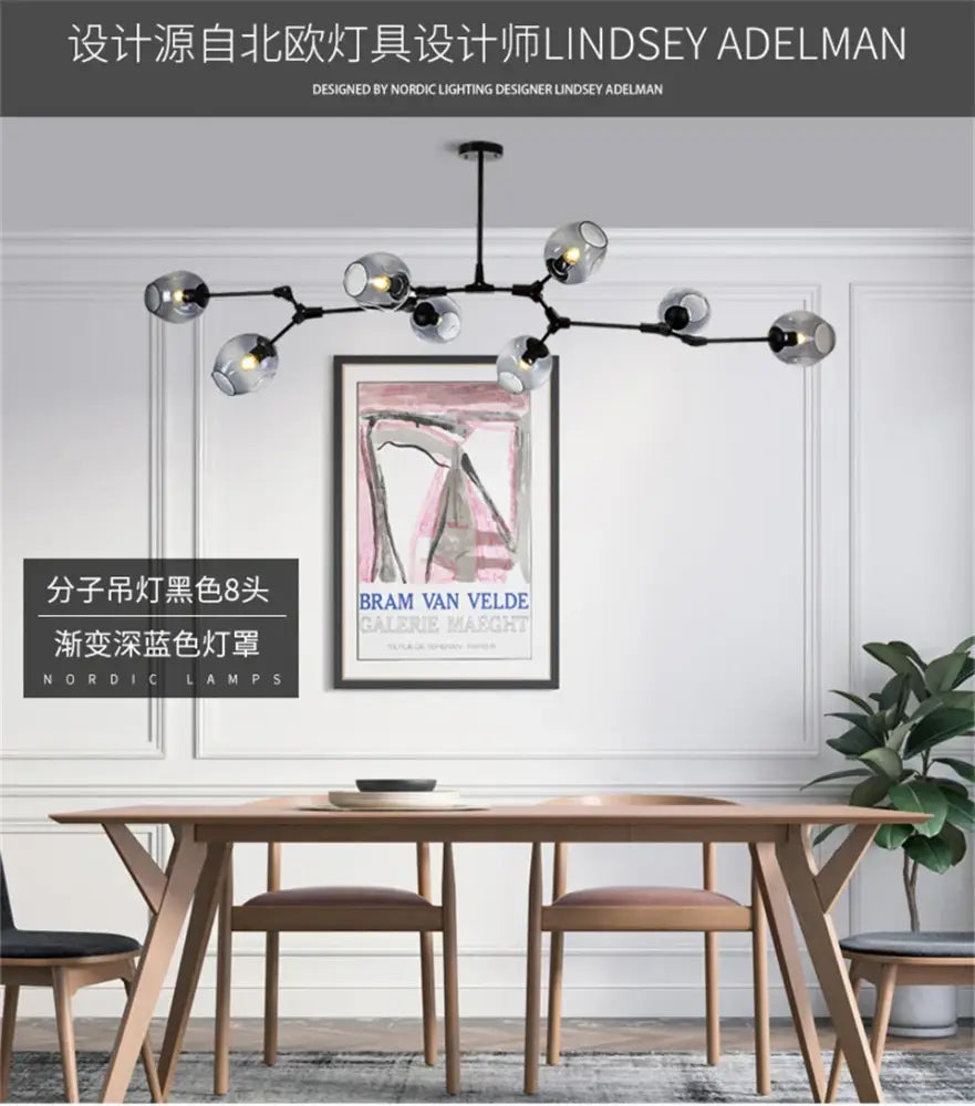 DecorBites™ modern nordic glass chandeliers with black molecular frame and eight gradient deep blue glass shades