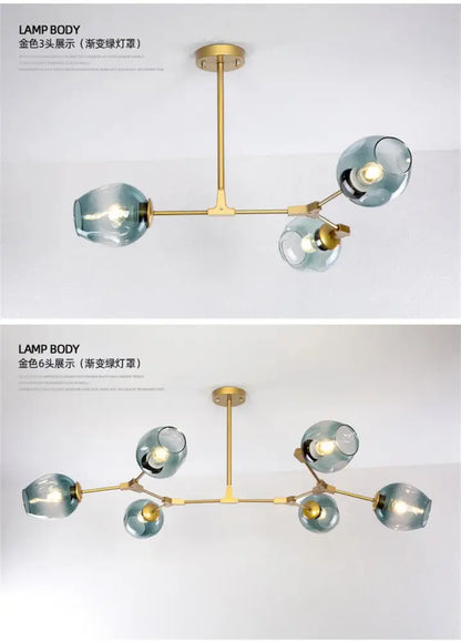 DecorBites™ modern nordic glass chandeliers with gold-toned frame and six translucent teal glass pendant lamps