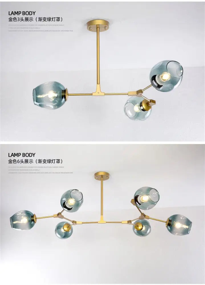 DecorBites™ modern nordic glass chandeliers with gold-toned frame and six translucent teal glass pendant lamps
