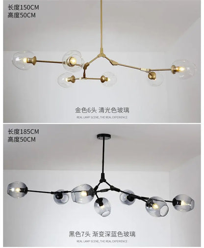 Decorbites modern nordic glass chandeliers featuring gold six-arm and black seven-arm designs with clear and blue globes