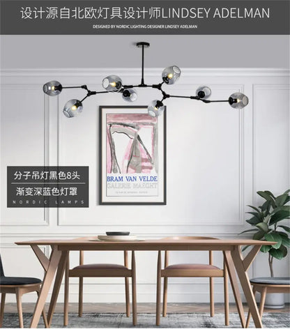 Black molecular nordic glass chandelier with eight gradient deep blue shades modern nordic glass lighting