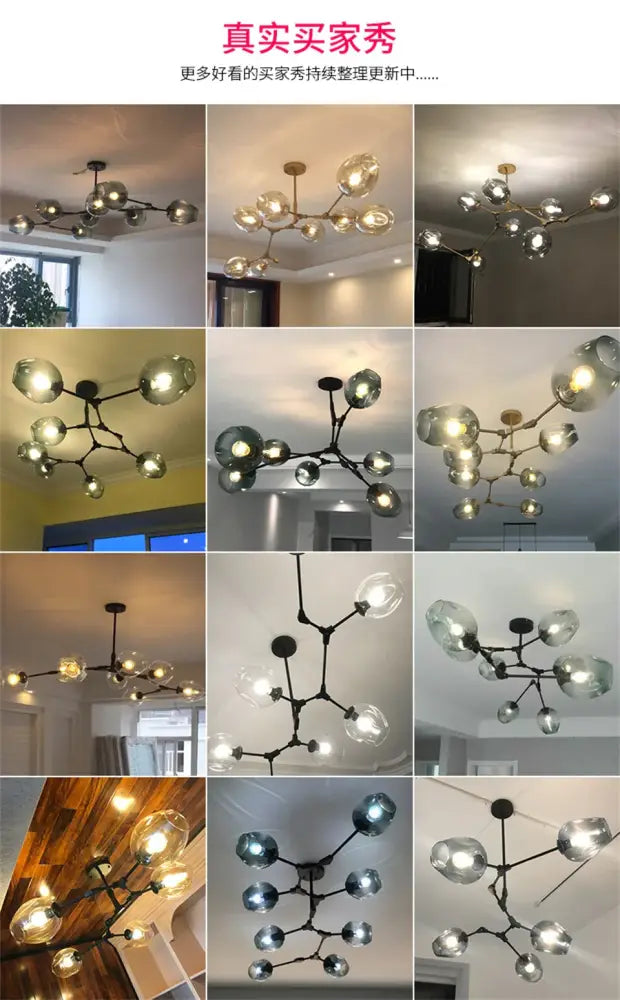 Modern nordic glass chandeliers with a dark metal frame and clear and frosted glass globes in varying sizes