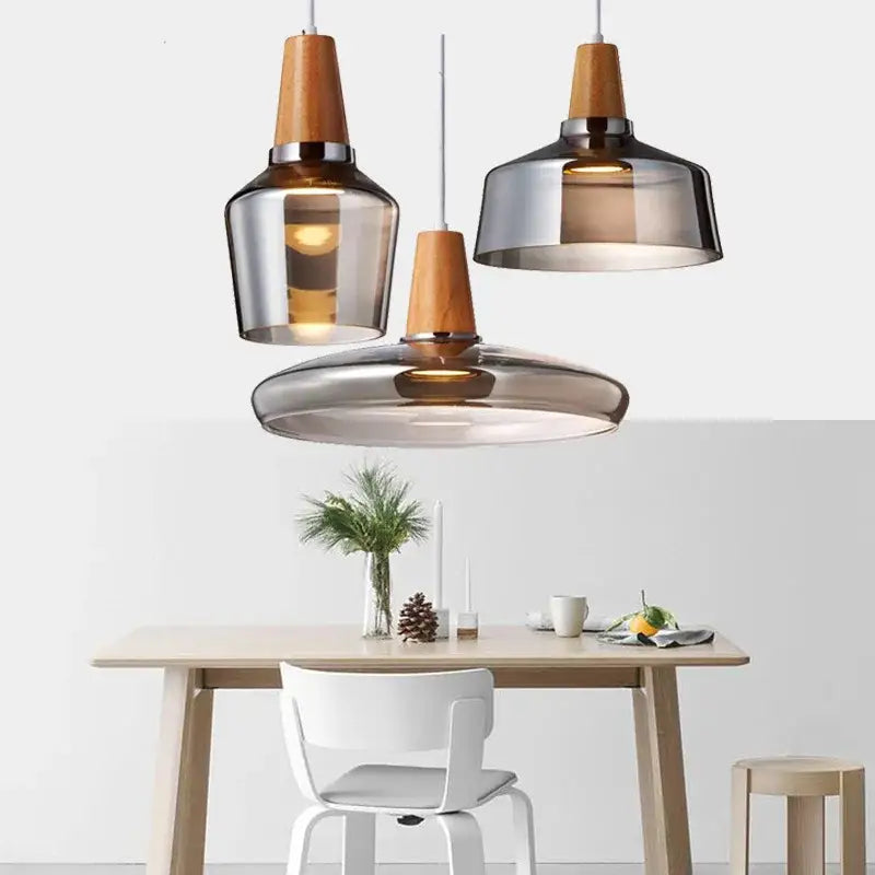 DecorBites™ modern Nordic glass light fixtures with smoked glass shades and wooden accents for dining room use
