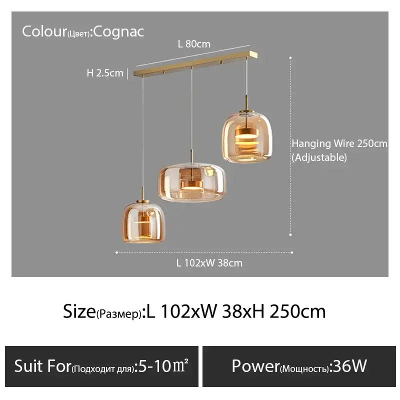 DecorBites™ modern nordic glass pendant lamp with cognac-colored glass and gold-toned adjustable metal bar