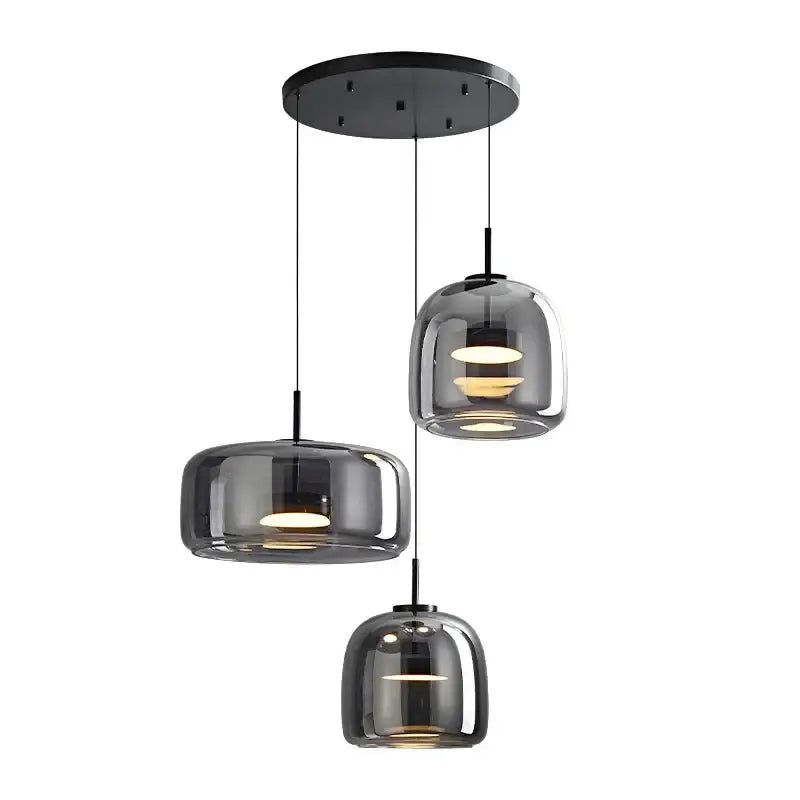 DecorBites modern three-light pendant lamp with black metal fixtures and smoked nordic glass restaurant pendant shades
