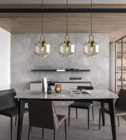 DecorBites™ modern nordic glass pendant light with brass metal frame and smoked glass shades for kitchen and restaurant