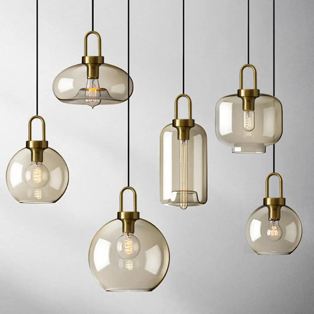 Set of six DecorBites modern nordic glass pendant light with smoked glass shades and brass hardware for kitchen use