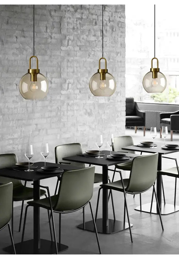 DecorBites™ modern nordic glass pendant light with brass metal fixtures and smoked glass globes for kitchen and restaurant
