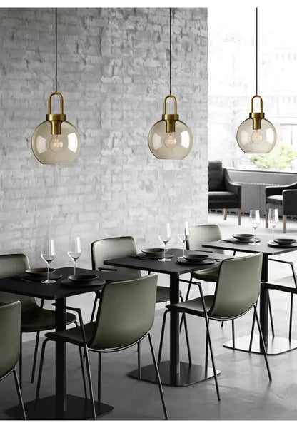 DecorBites™ modern nordic glass pendant light with brass metal fixtures and smoked glass globes for kitchen and restaurant