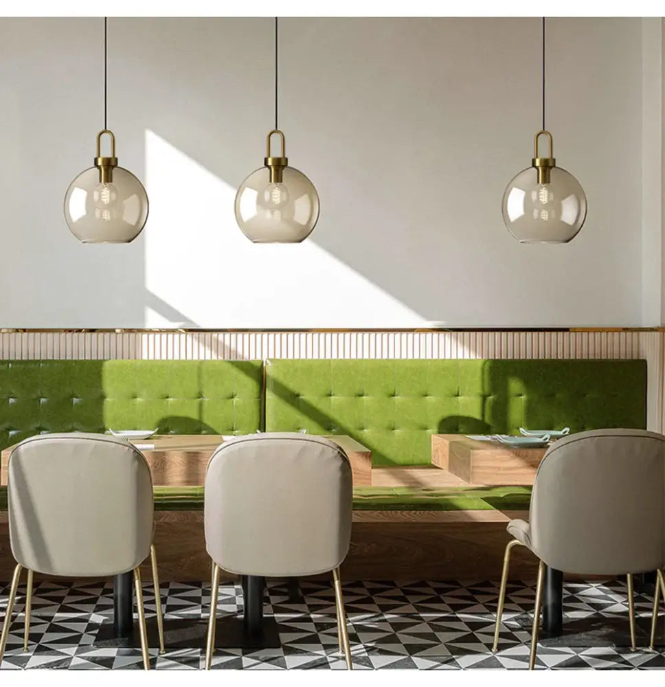 Decorbites™ modern nordic glass pendant light with spherical smoked glass shades and brass fixtures for kitchen use