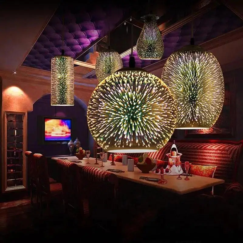 DecorBites™ modern nordic glass pendant light with glowing fiery starburst design in warm gold and green hues