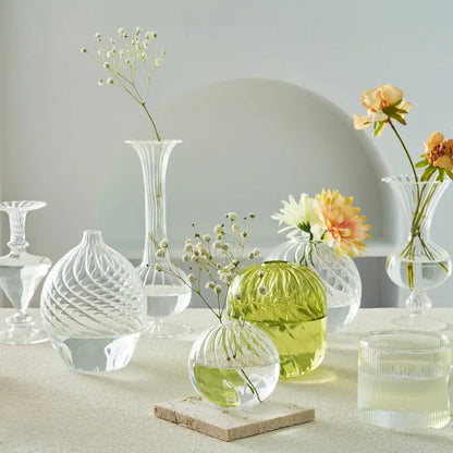Decorbites modern nordic translucent lime green glass vase with ribbed texture and rounded base to decorate root