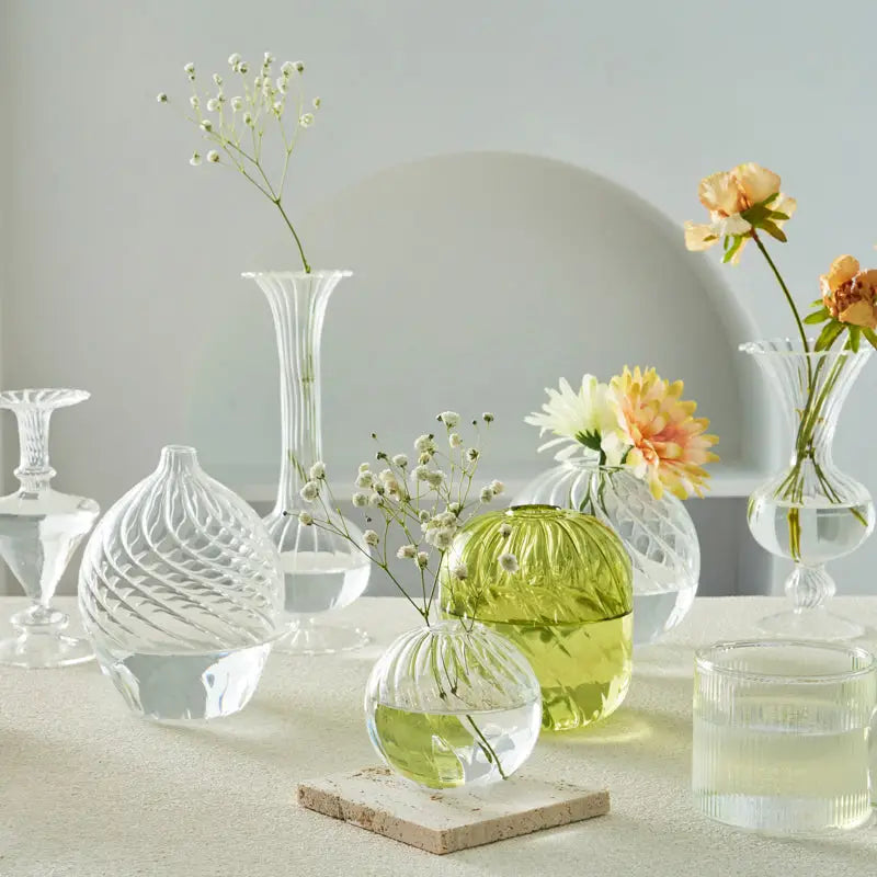 Decorbites modern nordic translucent lime green glass vase with ribbed texture and rounded base to decorate root