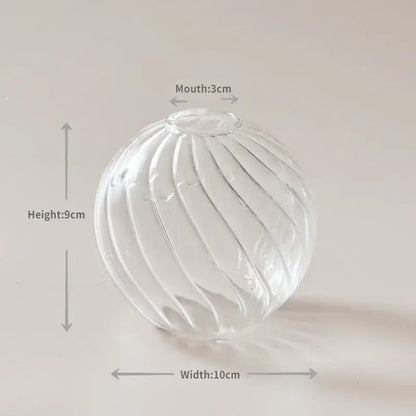 Clear glass spherical vase with vertical ribbed texture, 9cm tall 10cm wide from DecorBites™ Modern Nordic Glass Vases Set