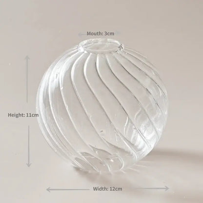 Clear glass spherical vase with vertical ribbed texture and 3cm mouth for home decor and wedding by DecorBites