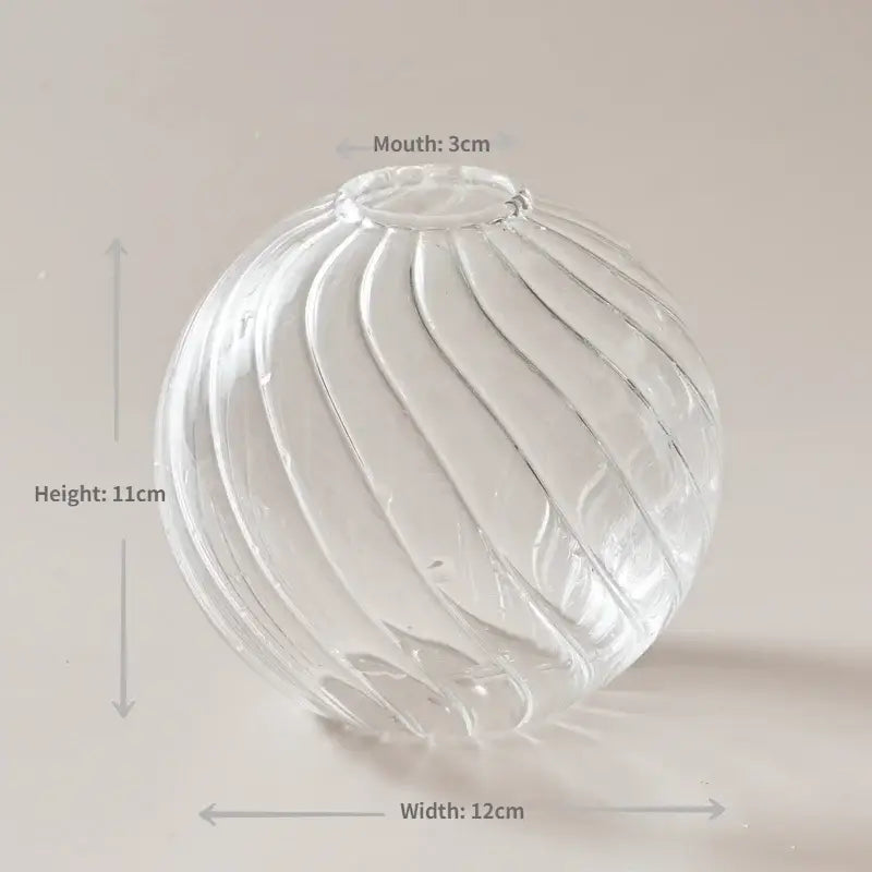 Clear glass spherical vase with vertical ribbed texture and 3cm mouth for home decor and wedding by DecorBites