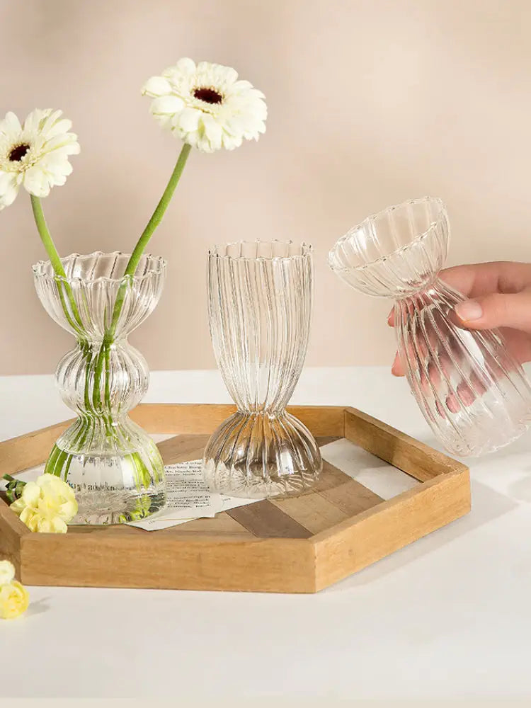 Clear glass decorbites modern nordic glass vases set with ribbed fluted designs and tiered silhouette for home and wedding