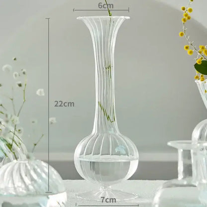 DecorBites modern Nordic clear glass vase with vertical ridges and flared top holding delicate green stems for decorate root