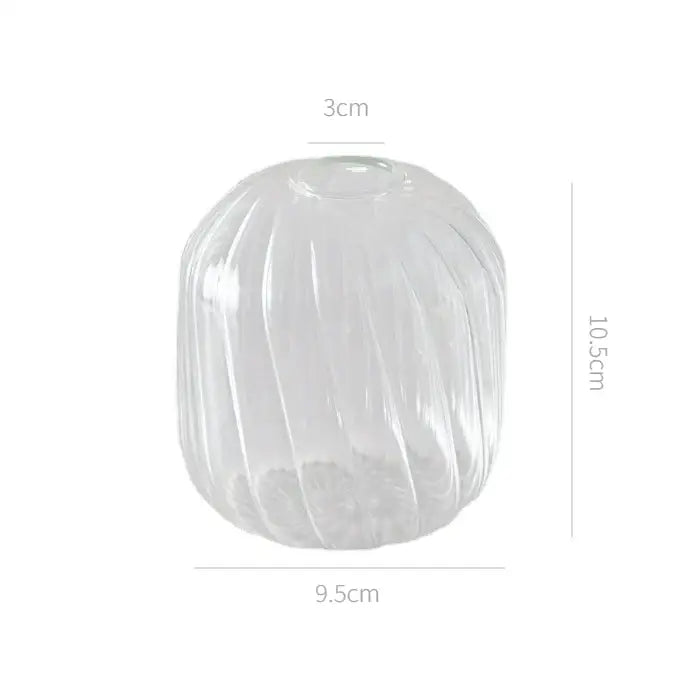 Clear glass vase with vertical ribbed texture 10.5cm tall and 9.5cm wide base for decorate root and hidden width use