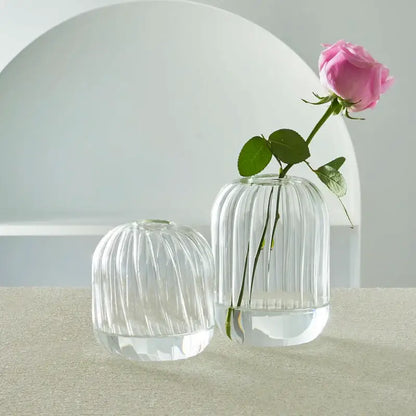 DecorBites™ modern Nordic clear glass vases set with vertical ribbed texture and rounded dome shapes for home decor