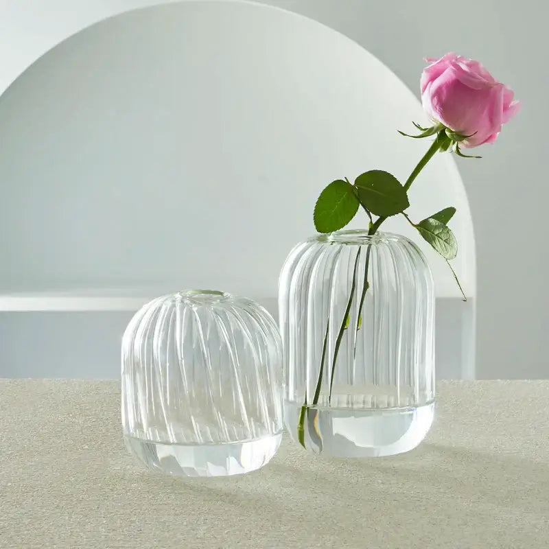 DecorBites™ modern Nordic clear glass vases set with vertical ribbed texture and rounded dome shapes for home decor