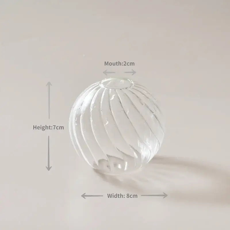 Clear glass spherical vase with vertical ribbed texture and 2cm mouth from DecorBites modern Nordic glass vases set
