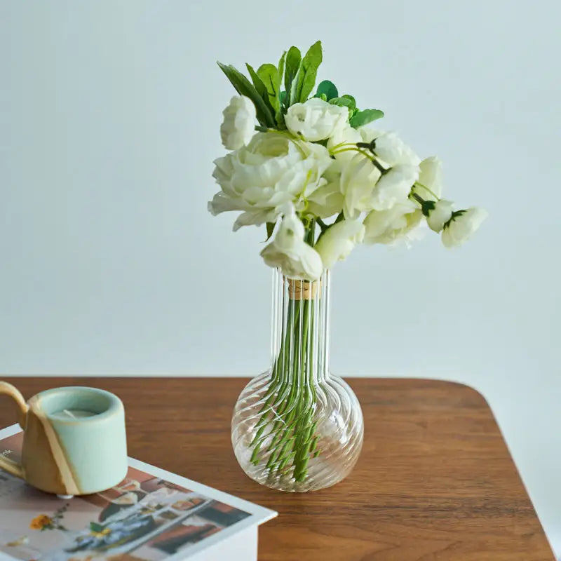 Decorbites™ modern nordic clear glass vase with vertical ridges and white flowers to decorate root spaces