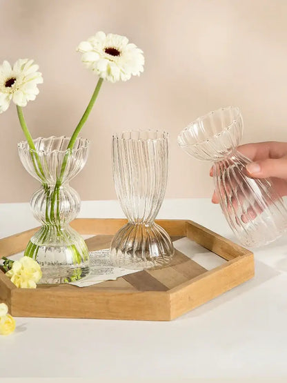 Clear glass decorbites™ modern nordic glass vases set with ribbed fluted tiered design to decorate root spaces