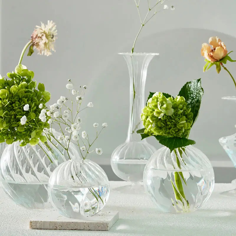 DecorBites modern nordic glass vases set features clear ribbed spherical vases to decorate root interiors with style