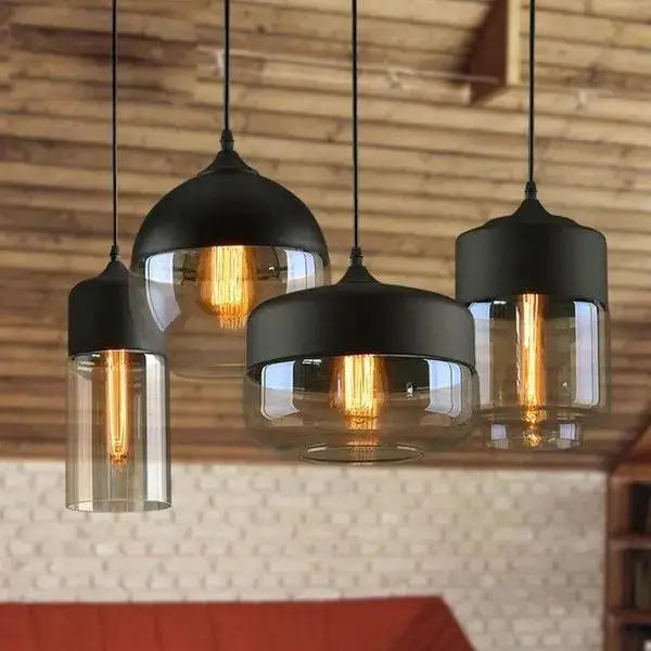 DecorBites™ modern nordic pendant lighting with black metal and clear glass pendant light featuring exposed filament bulbs