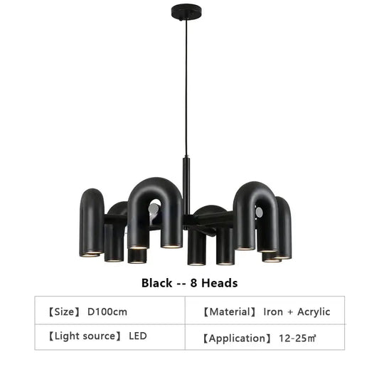 Decorbites modern nordic black led ceiling chandelier with eight curved iron and acrylic light heads for home use
