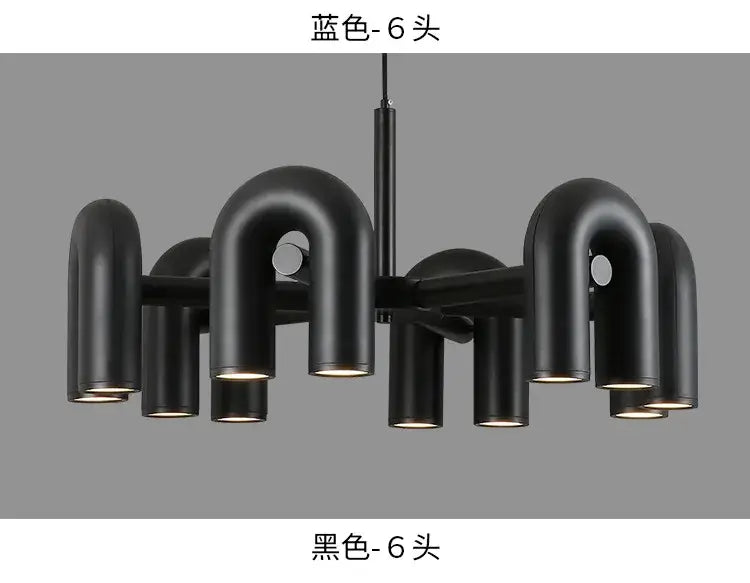 Decorbites modern nordic black matte led ceiling chandelier with six curved pipe arms and circular light fixtures