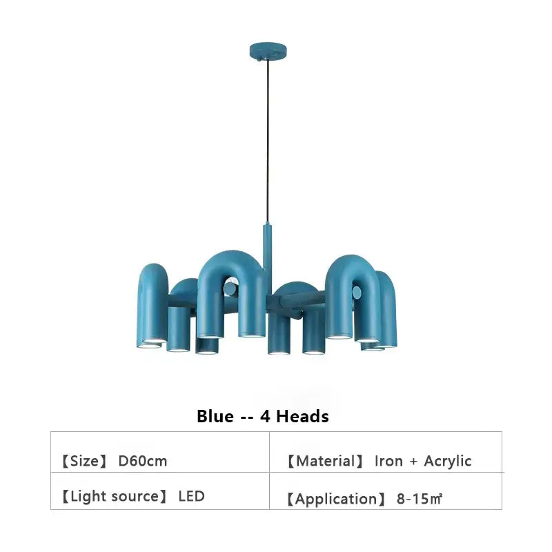 Decorbites modern nordic led ceiling chandelier with four curved blue iron and acrylic arms for home lighting