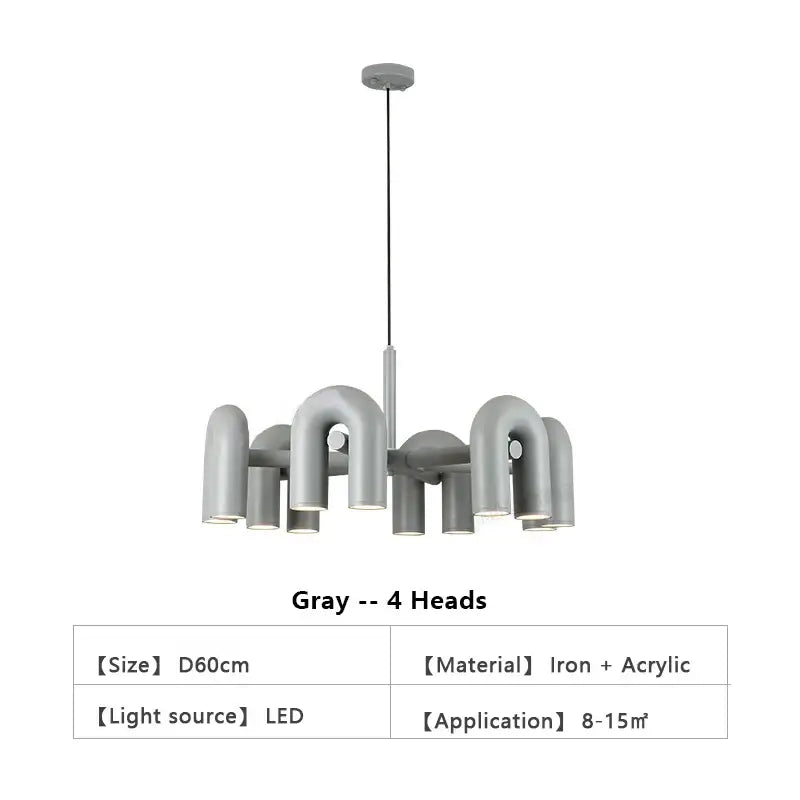 Gray modern pendant led ceiling chandelier with four curved u-shaped iron and acrylic lamp heads by decorbites