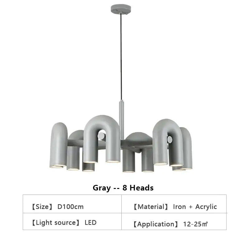 Gray modern led ceiling chandelier with eight curved u-shaped iron and acrylic light heads for home decor