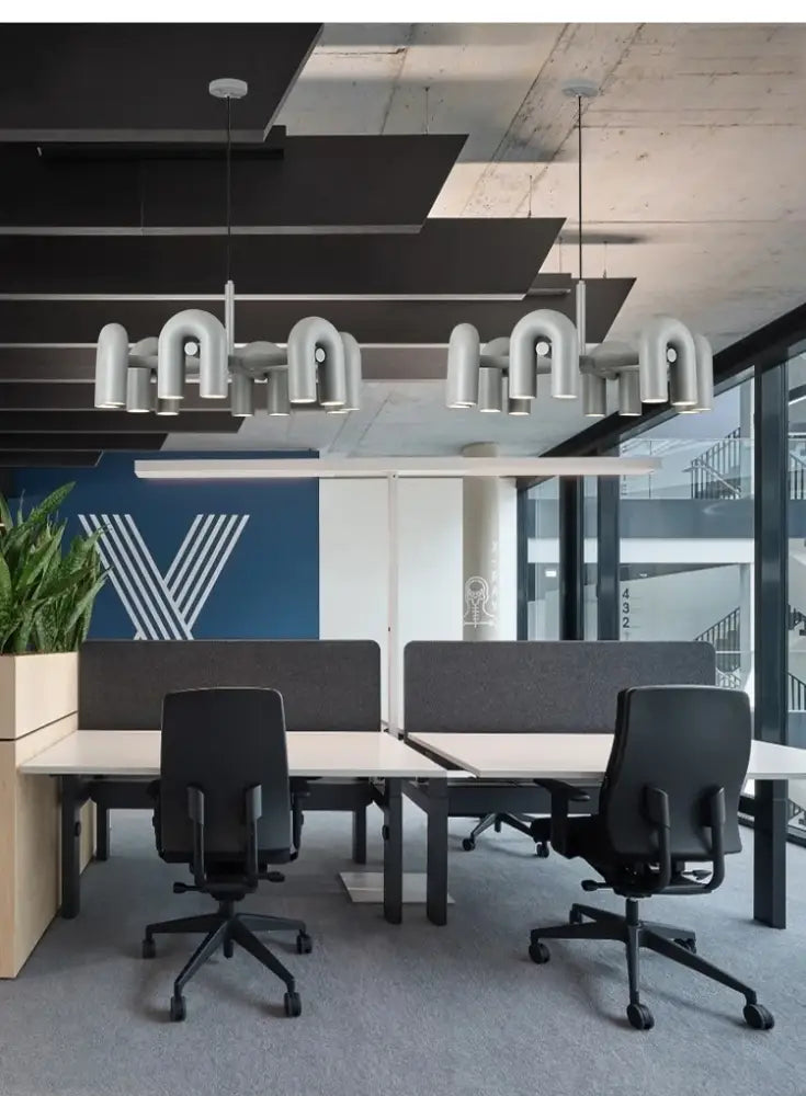 DecorBites™ modern nordic led ceiling chandelier with metallic silver u-shaped pipe design for industrial style lighting