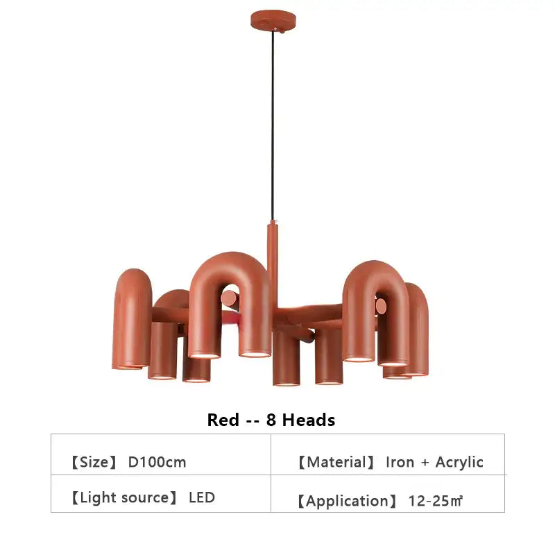 DecorBites modern nordic led ceiling chandelier with eight red iron and acrylic curved arms for home use