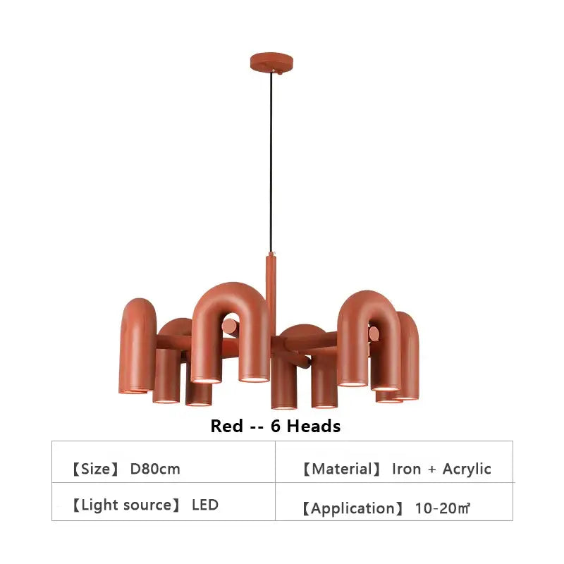 Decorbites™ modern nordic led ceiling chandelier in red iron and acrylic with six curved pipe-like arms