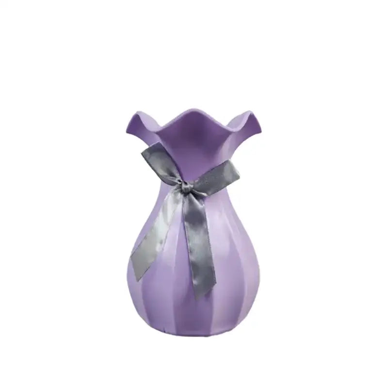 Lavender ribbed ceramic flower vase home with ruffled rim and silver satin ribbon from DecorBites™ Modern Nordic line