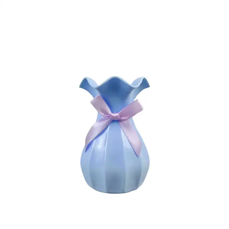Decorbites™ modern nordic mini white flower vase home decor light blue ceramic vase with fluted rim and lavender ribbon bow vase home